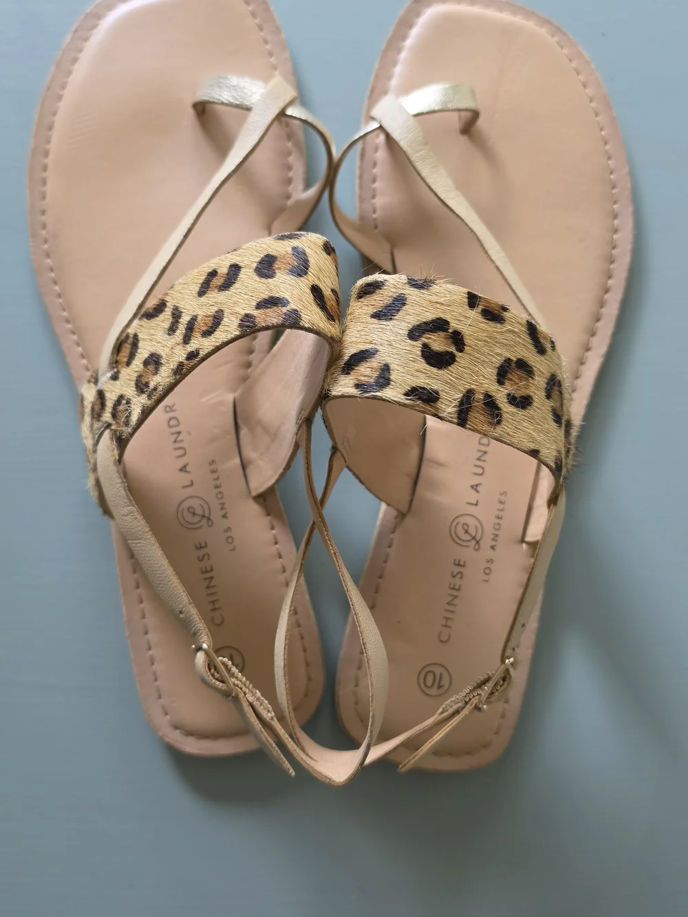 Chinese Laundry Leopard Haircalf T-Strap Sandals in Tan and Black Spots